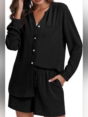 Women's Black Button-Front Lounge Shorts Set